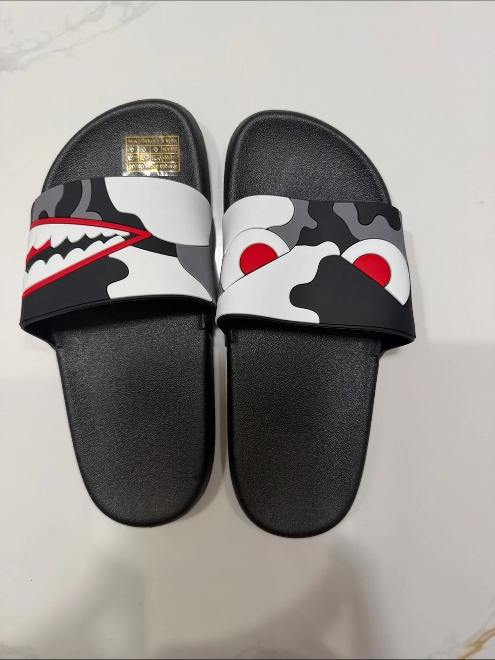 Kids Black Camouflage Slide Sandals with Red Detail